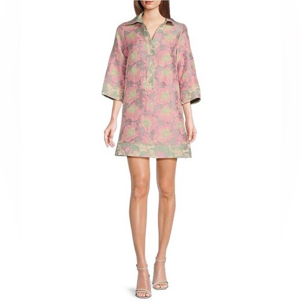 NWT Abbey Glass Piper Jacquard Floral Print V-Neck 34 Sleeve Caftan Mini Dress - Picture 4 of 15